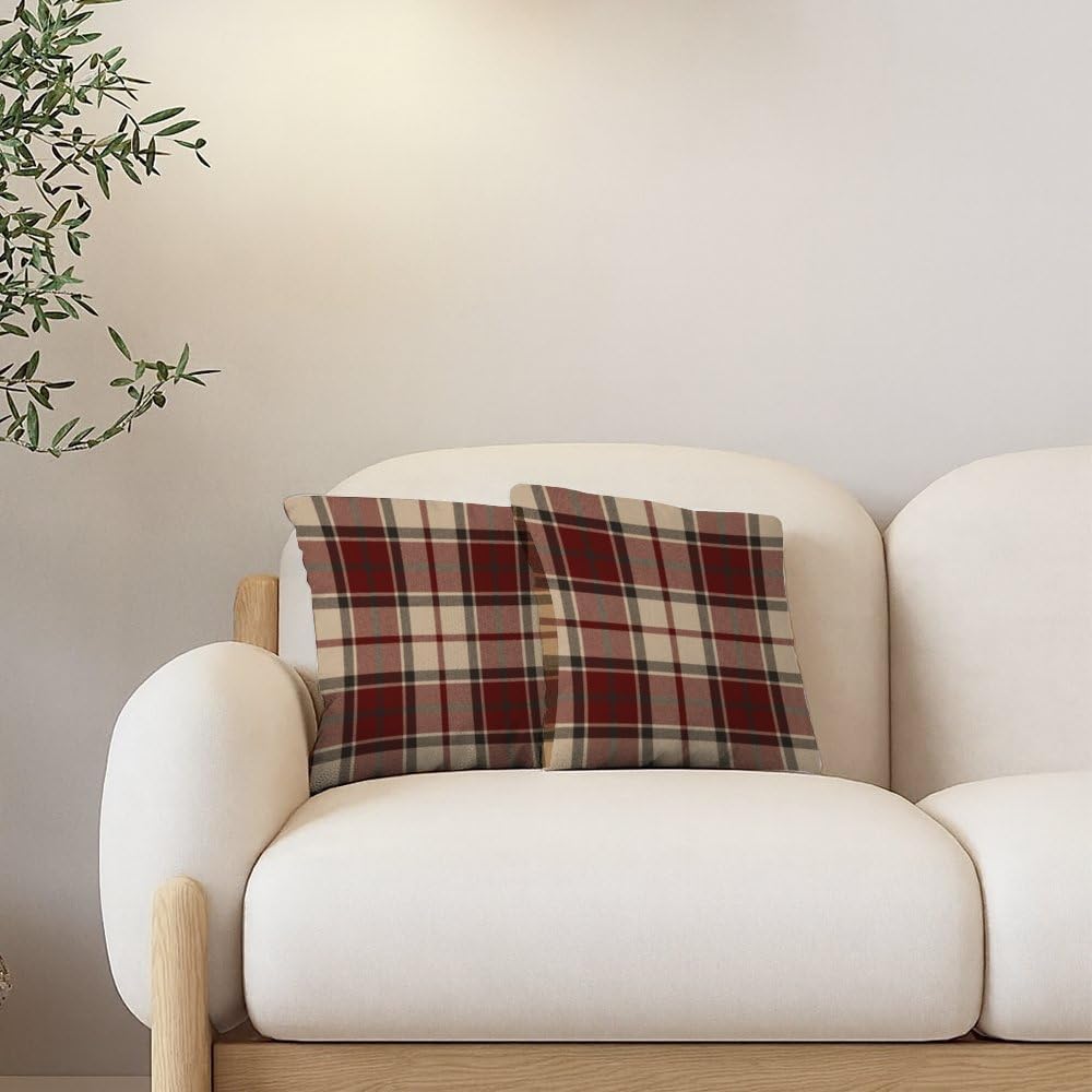 Burgundy Beige Tartan Plaid Winter Throw Pillow Covers 18X18 Cute Pillow Cases Pillowcase Couch Cushions - Set of 2