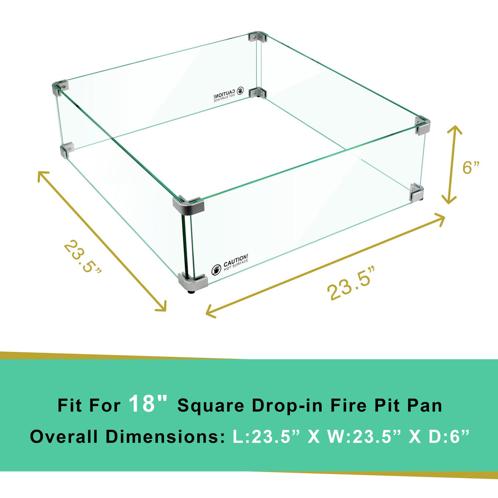 23.5" L x 23.5" x 6" Square Fire Pit Glass Wind Guard Clear Tempered Glass Flame Protective Pane Wind Resistant