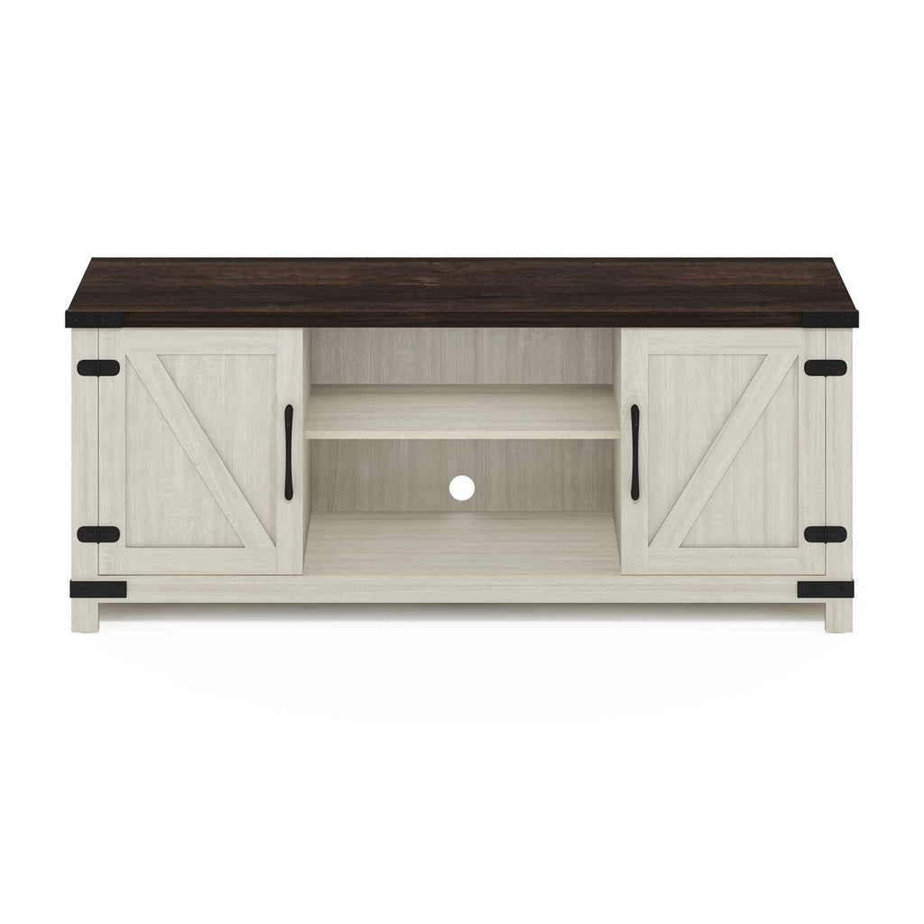 Jensen Farmhouse Barn Door Living Room TV Stand with Storage Cabinets for TV up to 70 Inch, Ebony/White Wash