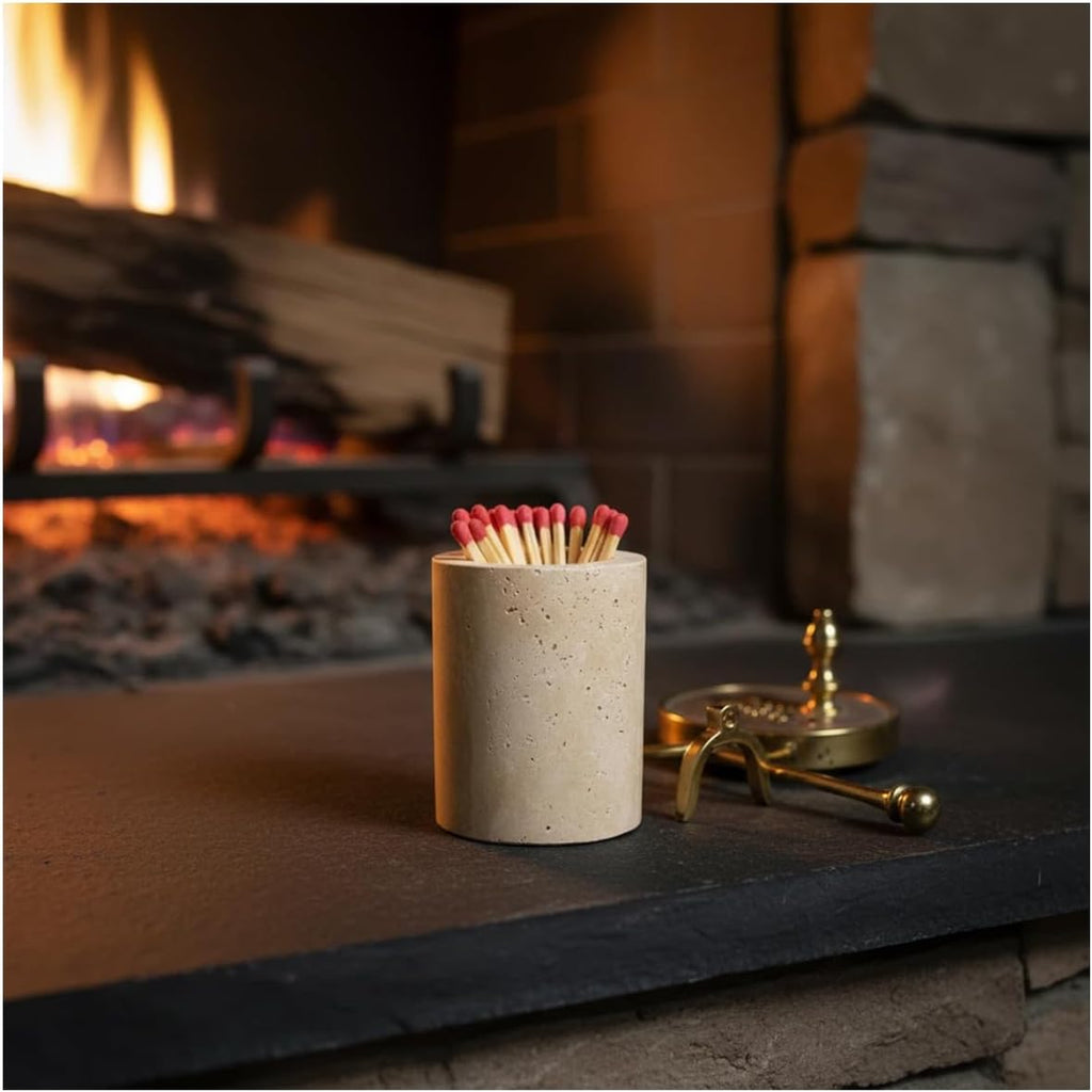 Match Holder with Striker Travertine Match Jar Decorative 2.5" x 3" Matchstick Organizer for Fireplace, Candles - Set of 3