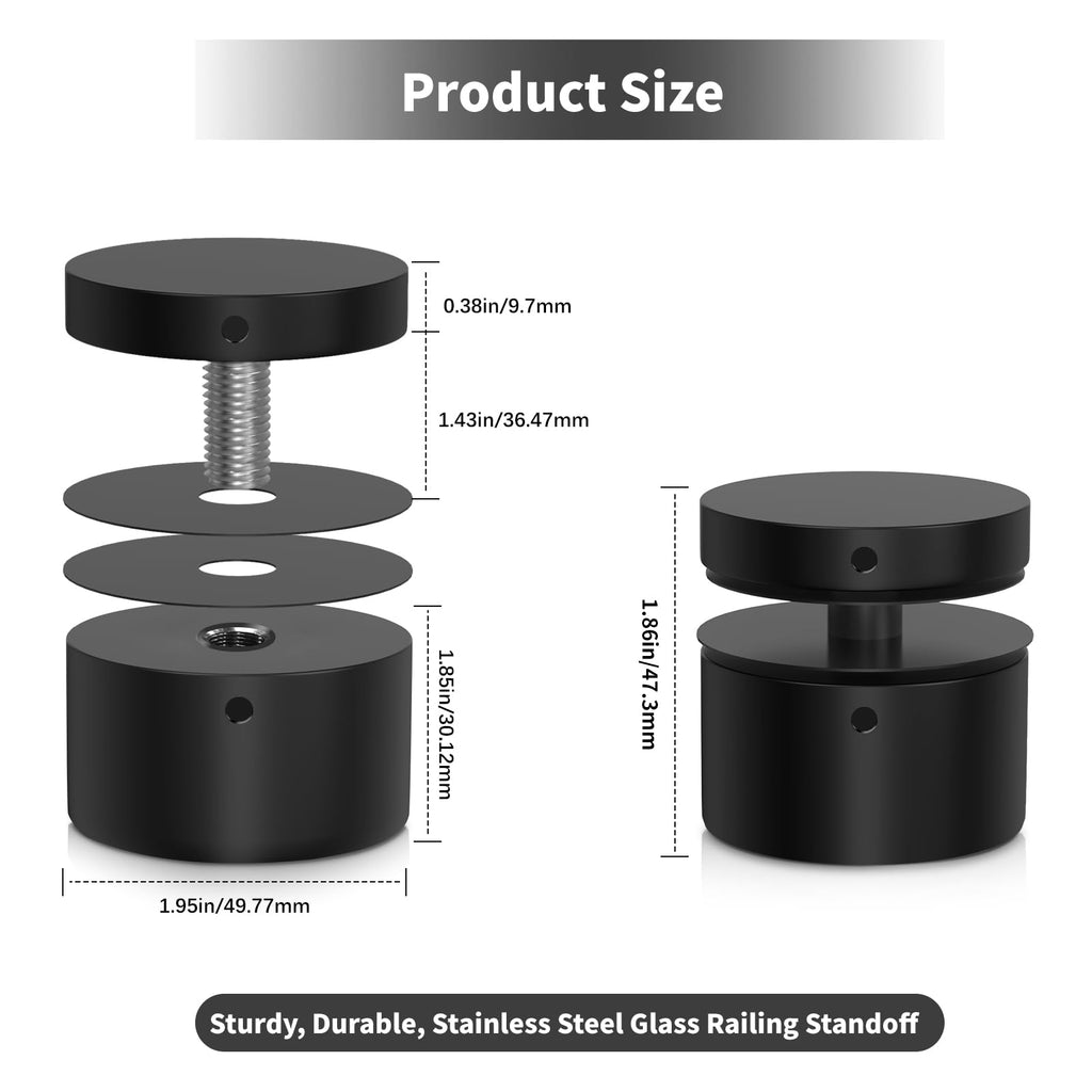 12 Pack 2"x2" Glass Railing Standoff Solid Heavy Duty Black