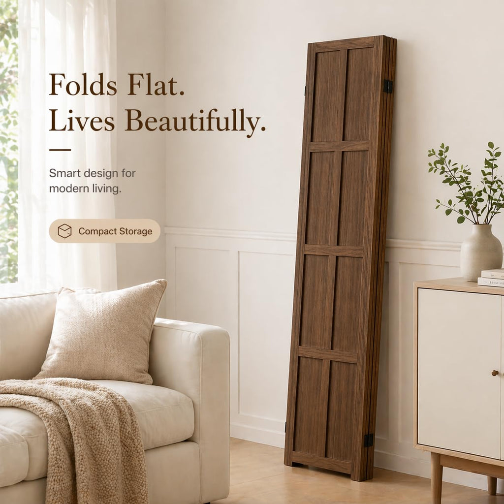 4 Panel Solid Wood Room Divider Folding Privacy Screen Brown
