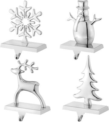 Christmas Stocking Holders for Mantel Set of 4 Reindeer Snowflake Snowman Pine Tree Vintage Metal Standing Stocking