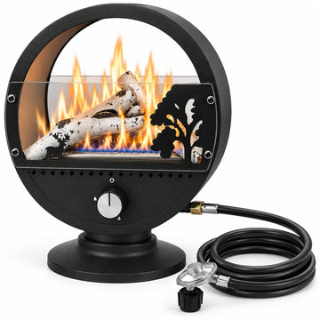 Tabletop Propane Fire Pit Heater, 10000 BTU Portable Outdoor Patio Heater with Ceramic Fireplace Logs, Glass Wind