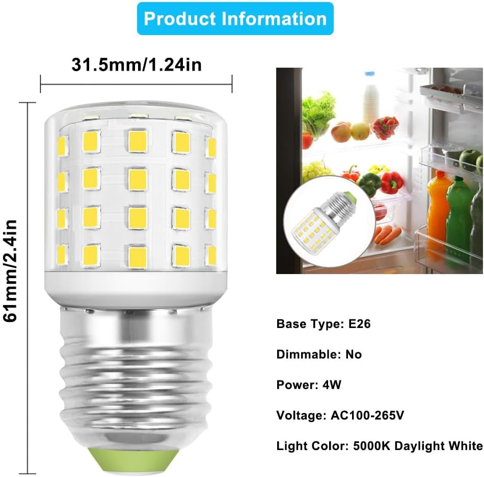 LED Appliance Light Bulb for Refrigerator Fridge Freezer 4W (40W Equivalent) E26 Medium Base Compact T10 Tubular A15