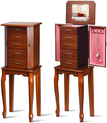 Wooden Jewelry Cabinet Armoire, 5-Tier Standing Jewelry Chest with Top Flip Makeup Mirror 4 Drawers 6 Necklace Hooks