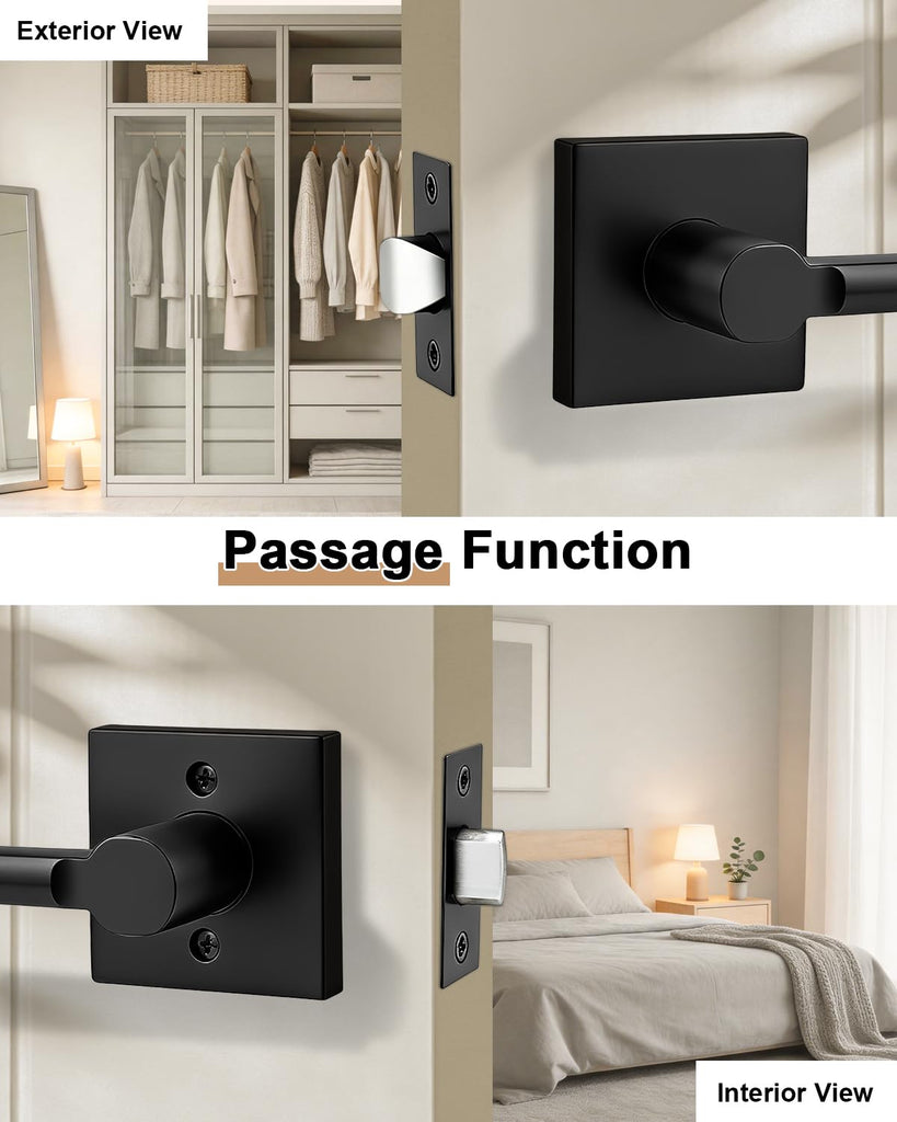 Interior Passage Door Handle, 2 Pack Matte Black Square Non-Locking Lever, Heavy Duty Reversible for Closet and