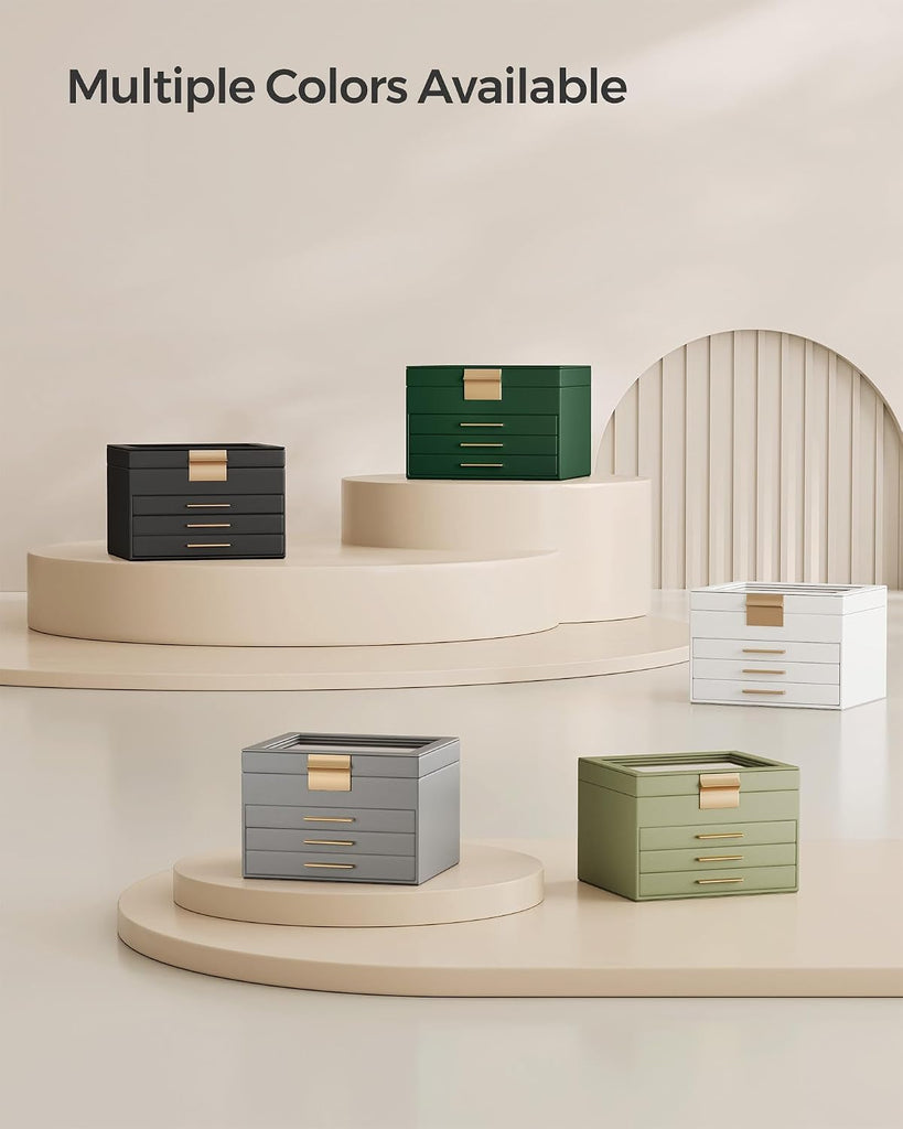 Jewelry Box Organizer, 4-Layer Storage with 3 Drawers, Glass Lid