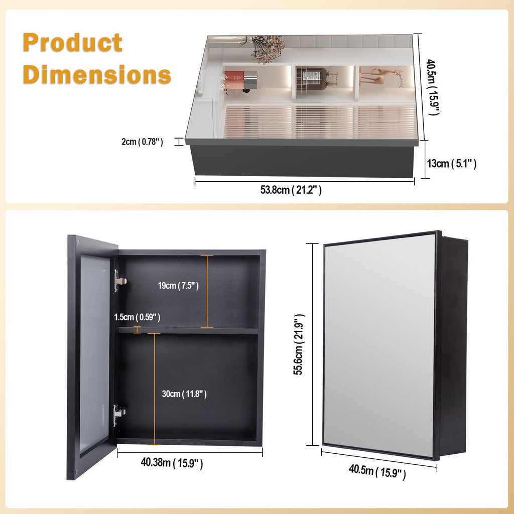 Black Medicine Cabinet, Farmhouse Recessed or Surface Wall Mounted Aluminum, Modern Pre-Assembled Storage Cabinet