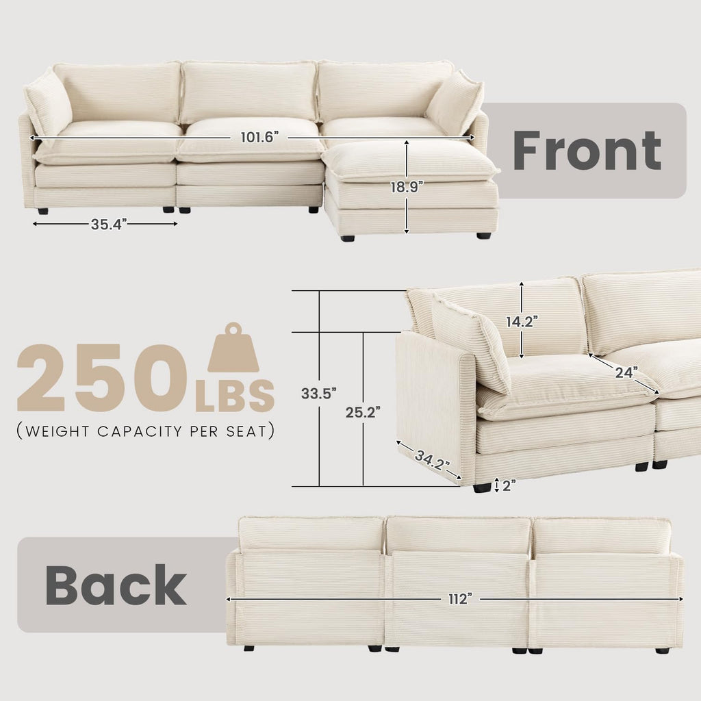 Oversized Modular Sectional Sofa with Movable Ottoman, 112-Inch 4-Seat Modern Corduroy L-Shaped Convertible Couch for Living Room or Office