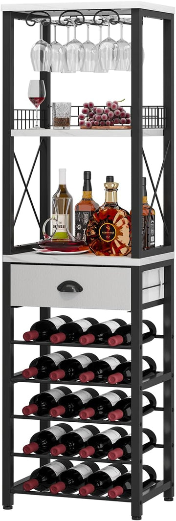 Wine Rack Freestanding Floor, Bar Cabinet for Liquor and Glasses | 4-Tier bar Cabinet with Tabletop, Glass Holder