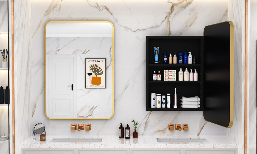 24x30 Inch Bathroom Medicine Cabinet with Mirror Gold Metal Framed Recessed or Surface Wall Mounted Mirrored Medicine