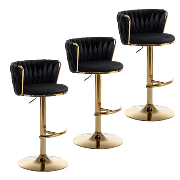 Gold Velvet Bar Stools Set of 3, Swivel Counter Height Bar Stools with Back, Adjustable Woven Barstools Island, Pub