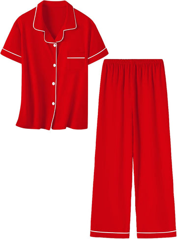Girls Pajamas Set Button Down Notch Collar Soft Short Sleeve Pjs Set with Long Pant Set Lounge Set