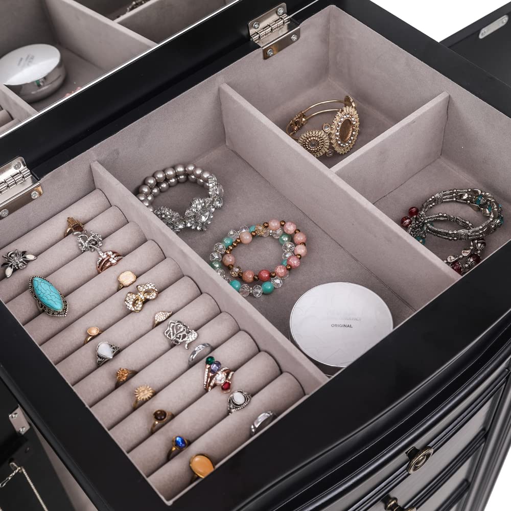Jewelry Armoire Cabinet with Flip Top Mirror and Compartments - Large Standing Jewelry Chest - Wooden Jewelry Storage
