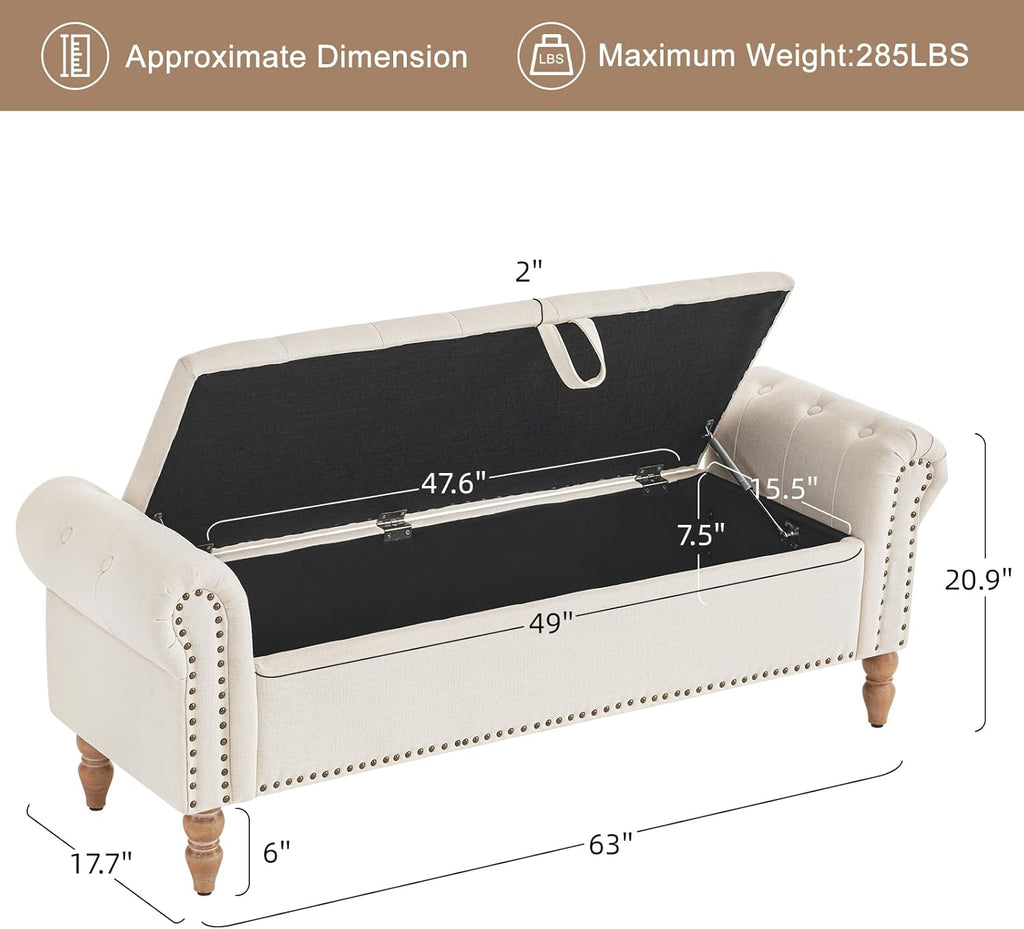 63" End of Bed Bench, Bedroom Bench with Button-Tufted, Large Upholstered Storage Ottoman Benches Entryway Bench with
