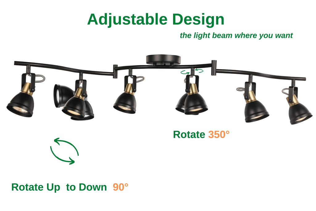 6 Light Foldable Track Lighting Kit,Matt Black Brass Finish Adjustable with Moden Ceiling Flush Mount Spotlight