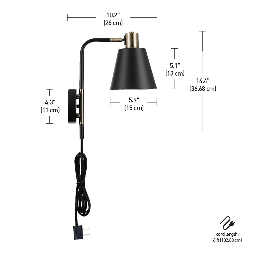 Cleo 1-Light Plug-in or Hardwire Wall Sconce, Matte, Antique Brass Accents, Black Cloth Cord, 14.44