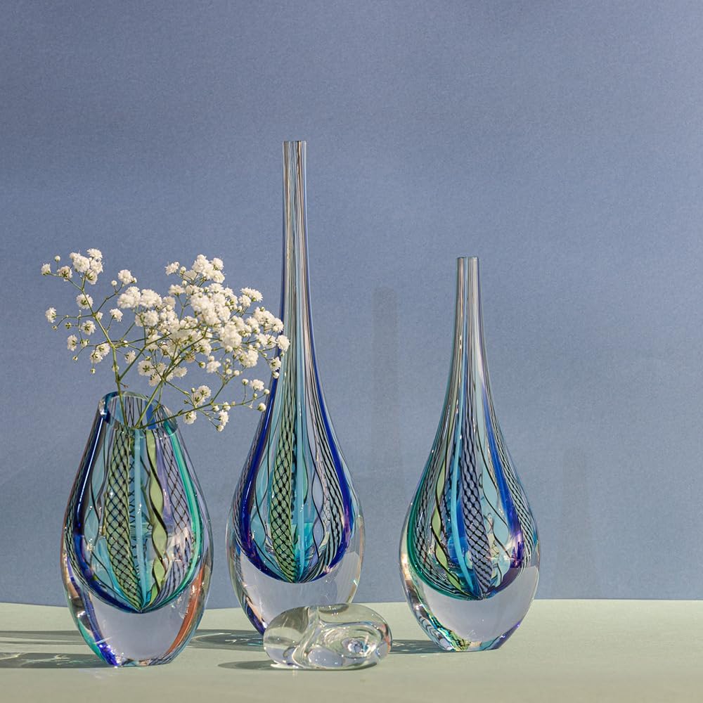 Murano Style Art Glass Drop Vase Hand Blown Blue Boho Effect Home Decor | Hand Blown Glass Drop, Decorative Table