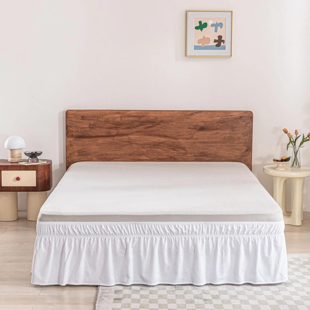 Wrap Around Bed Skirt - Queen Size Bed Skirt with 15 Inch Drop, White | Easy Fit Elastic Strap - Adjustable Pleated