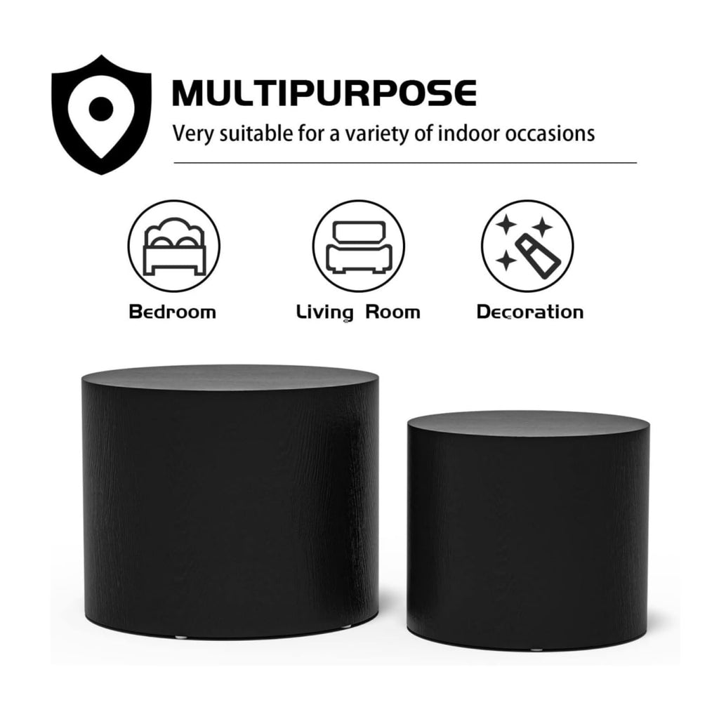 Nesting Coffee Set of 2, Wood Round Coffee, Modern Coffee for Small Space Living Room, Black