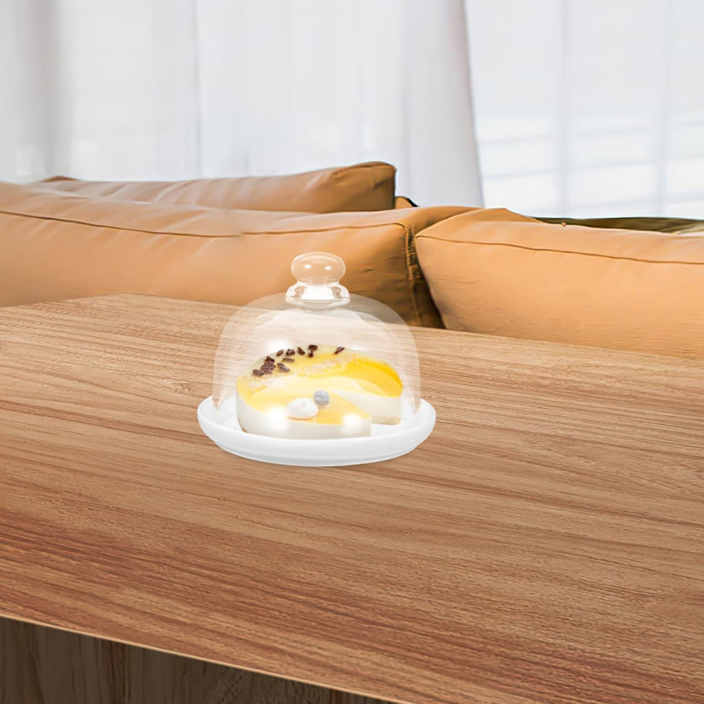 Ceramic Cake Stand with Glass Dome Cover White Ceramic Cake Plate Server Round Clear Glass Dome Dessert Plate Kitchen
