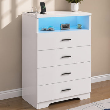 4 Drawer Dresser with Power Outlets and LED Wooden Chest of Drawers with Large Organizer White Dresser with Metal