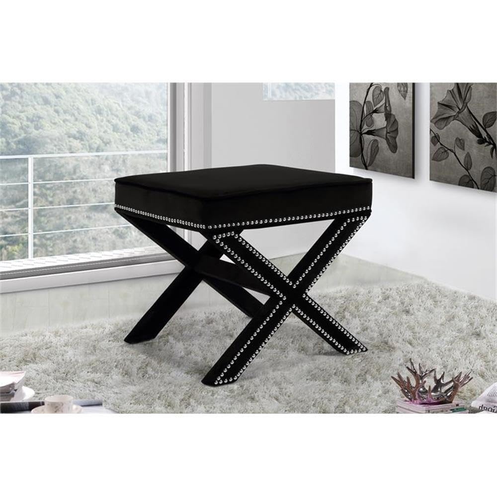 Nixon Collection Modern | Contemporary Velvet Upholstered Ottoman / Bench with X-Leg Design, Deep Button Tufting and