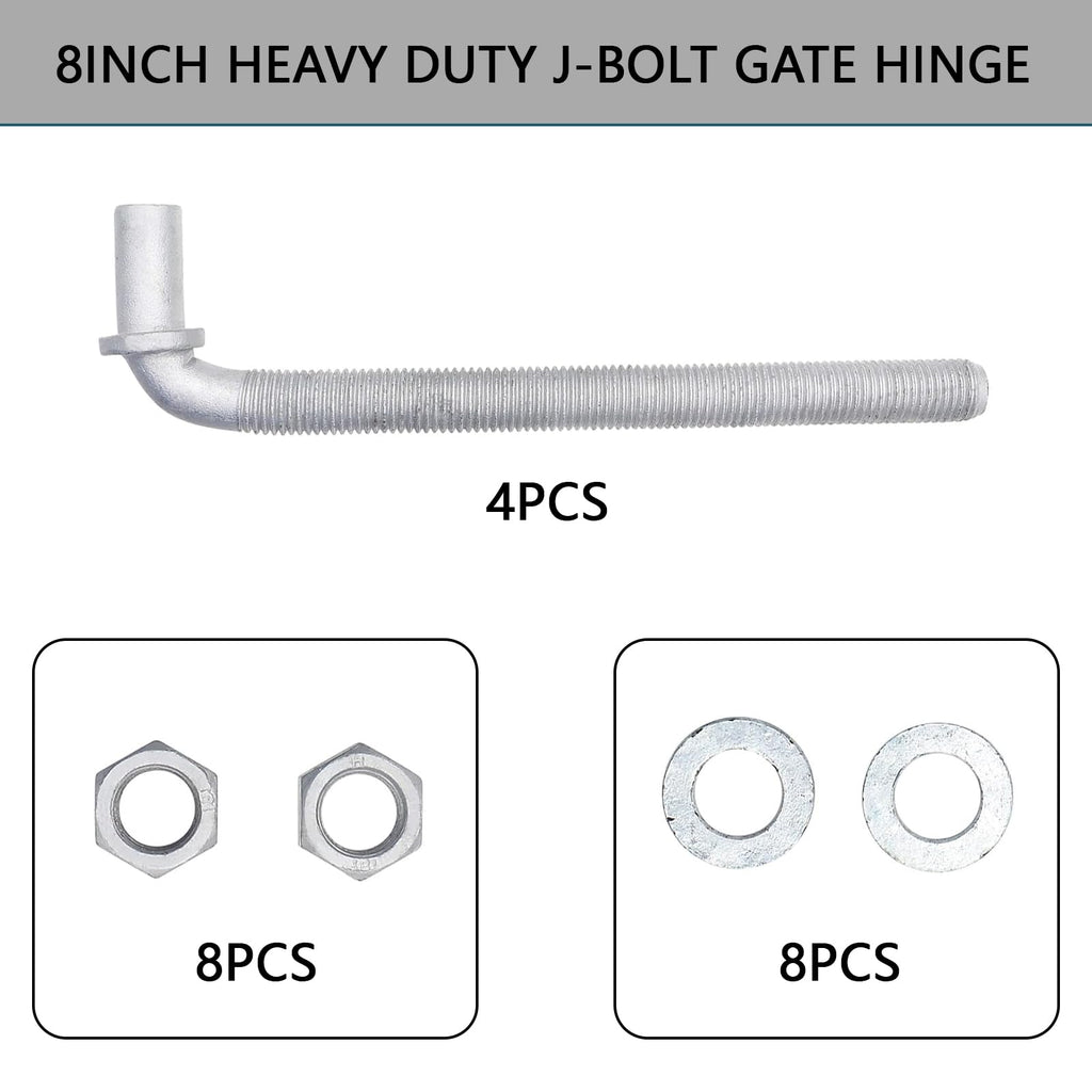 4Pcs 8inch J-Bolt Post Gate Hinge, Heavy Duty J-Bolt Gate Hinge with 5/8" Male Hinge Pin for Farm Gate Hardware, Gate
