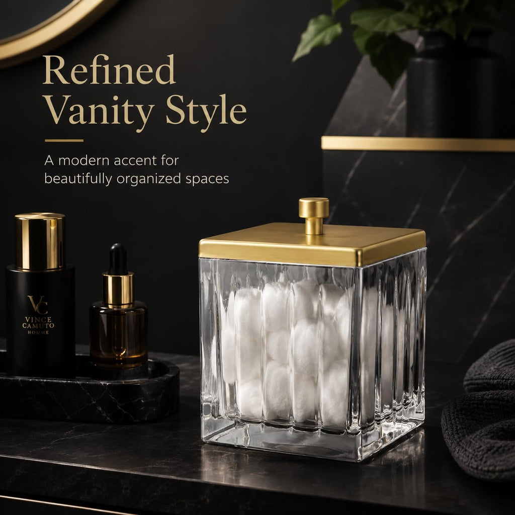 Glass Cotton Jar Holder - Matte Gold Lid, Elegant Bathroom Storage Canister for Qtips, Cotton Balls, Floss