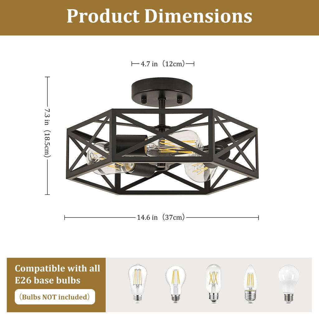 Modern Farmhouse Black Metal Semi Flush Mount Ceiling Light Fixture 14.6 in
