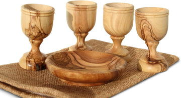 Olive Wood Communion Cups & Bread Plate Set - 4 Hand-Carved Kiddush Goblets with Tray from Bethlehem - Authentic Holy