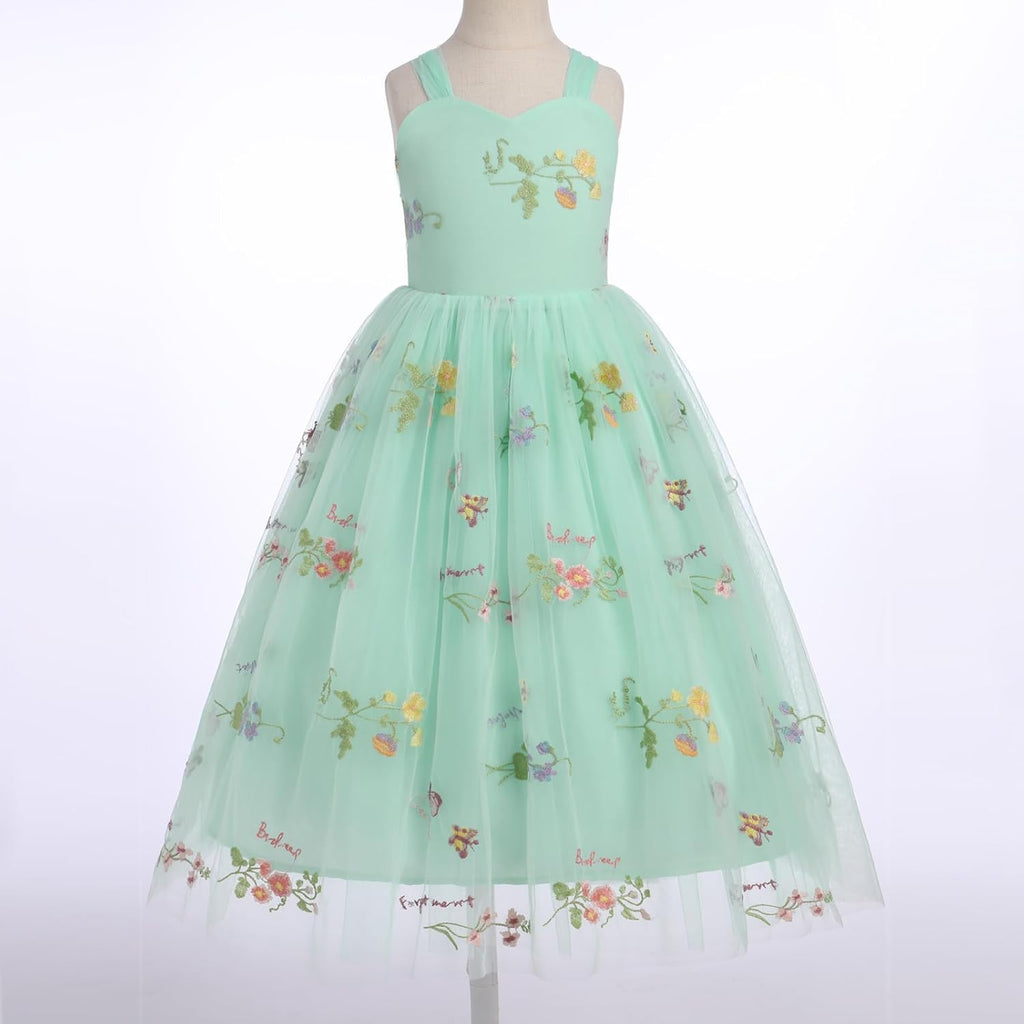 Floral Embroidered Tulle Dress Girls Sleeveless Spaghetti Straps Formal Birthday Wedding Pageant Party Tulle Dresses