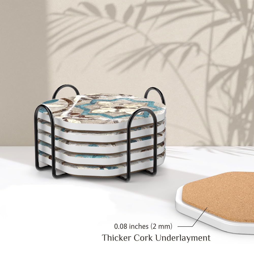 Absorbent Ceramic Stone Coasters Set of 6 with Holder, Vintage Tile