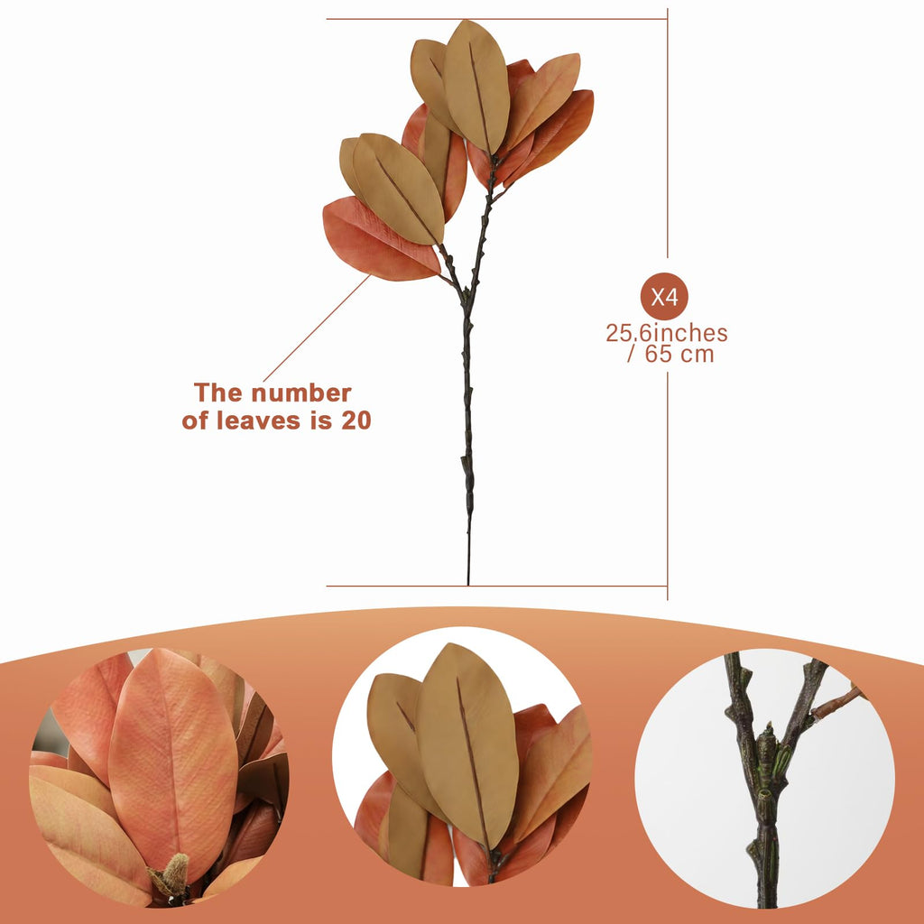 4 Pcs Fall Magnolia Silk Leaves Branches 25.6 Inch 3D Real Touch Autumn Faux Magnolia Stems Fake Orange Leaves Twigs