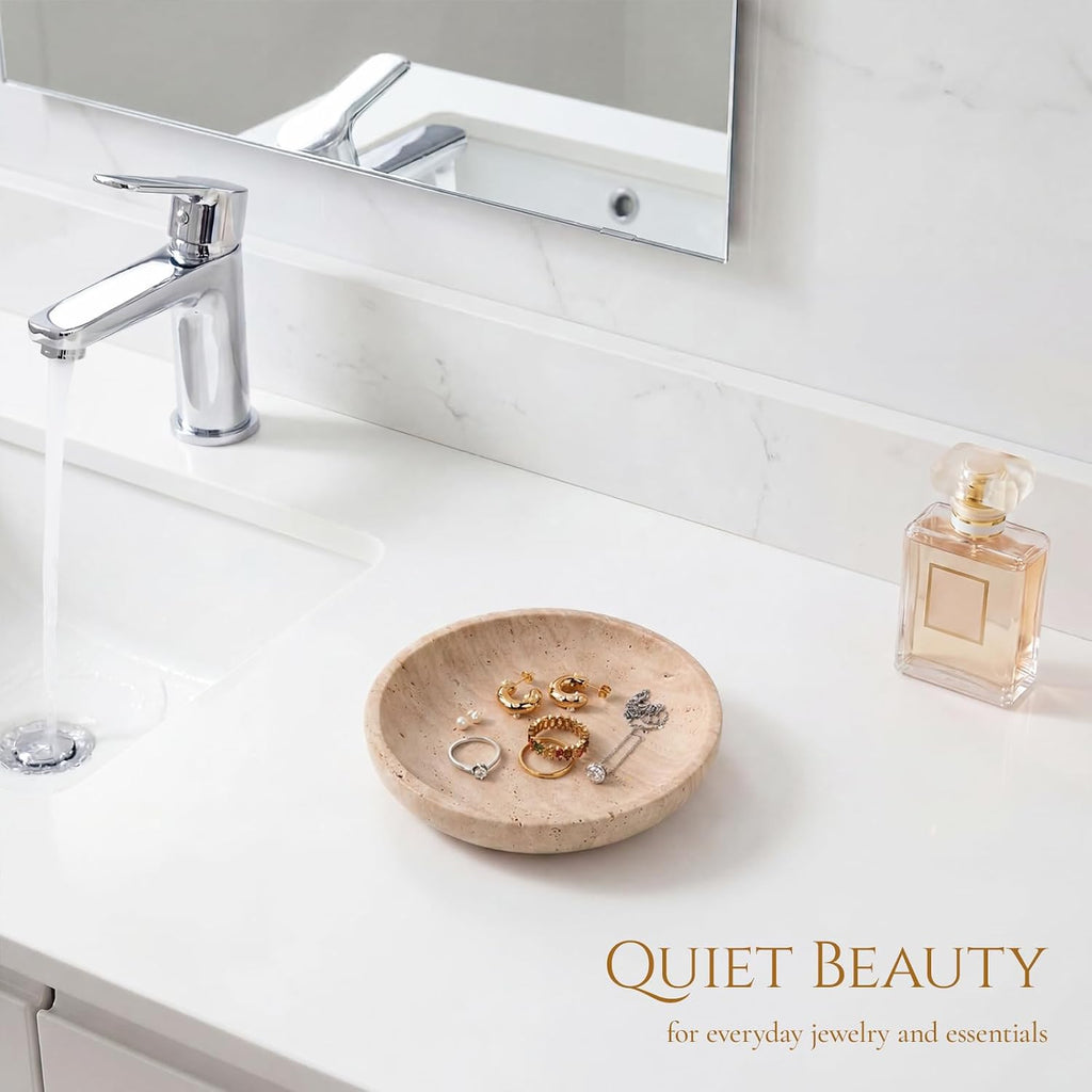Natural Travertine Valet Tray - 5.5" Round Stone Jewelry Trinket Dish Catchall for Keys, Watches, Rings - Decorative