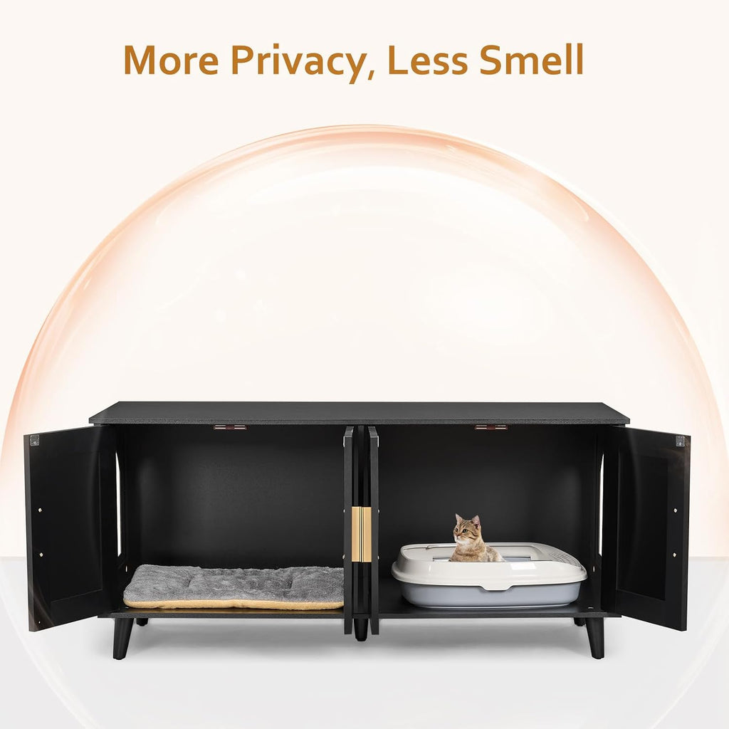 Boho Cat Litter Box Enclosure for 2 Cats, Black and Natural