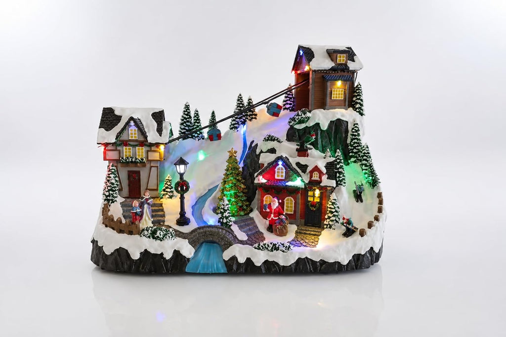 Animated Christmas Village Animated Ski Lift Resort, LED Lights, Spinning Tree