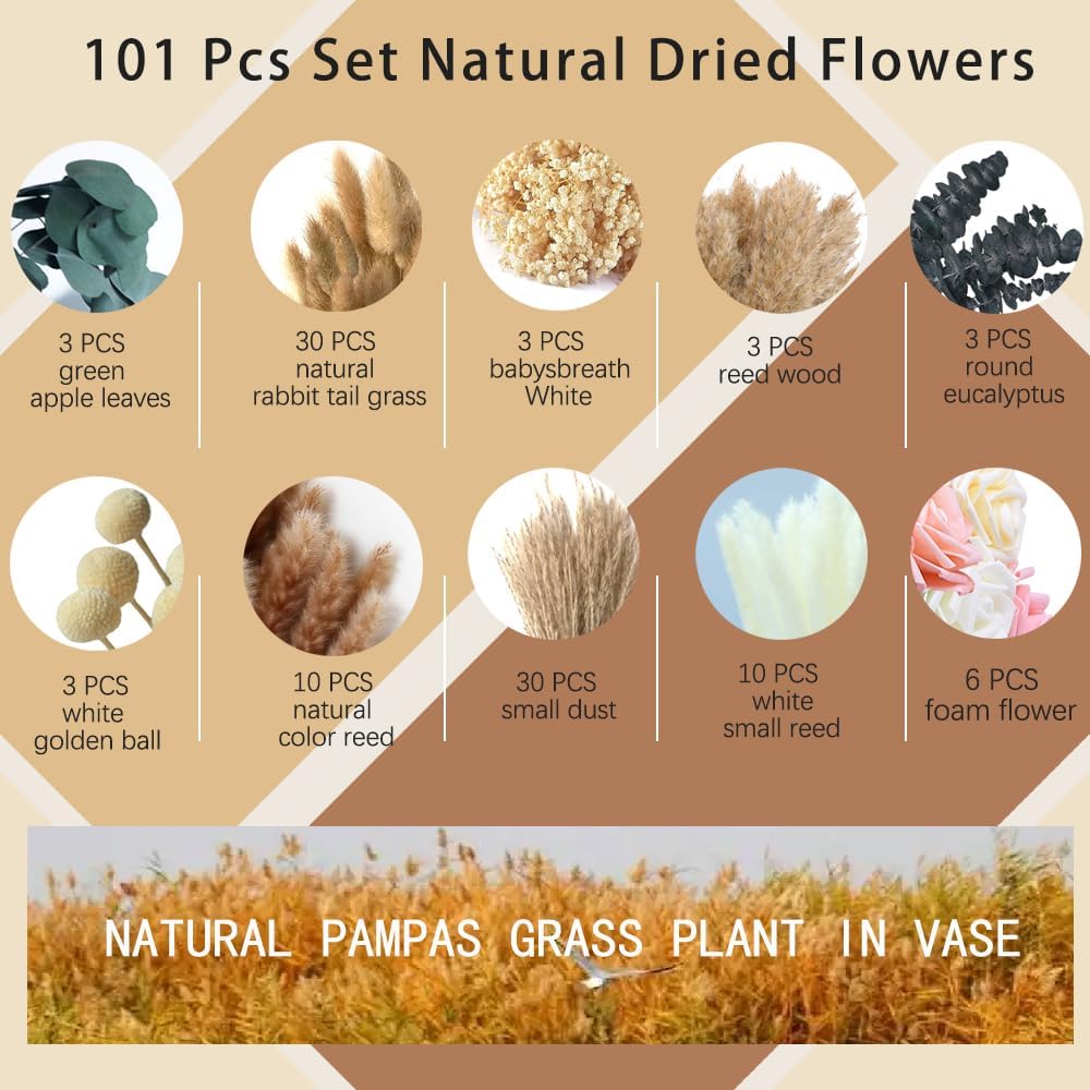 Artificial Flowers in Vase Natural Dried Pampas Grass - Set of 101