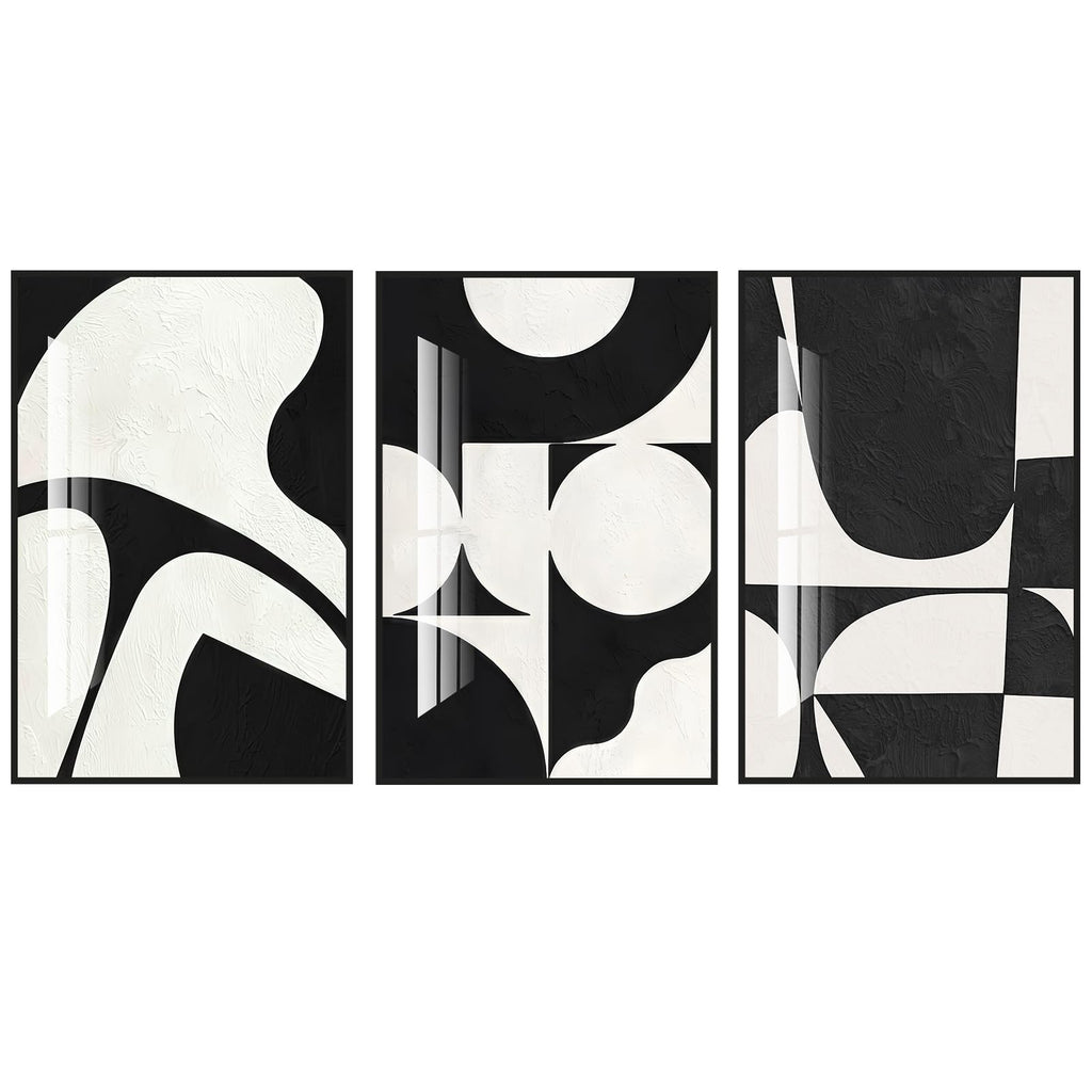 Black White Crystal Textured Abstract Framed Canvas Wall Art Set