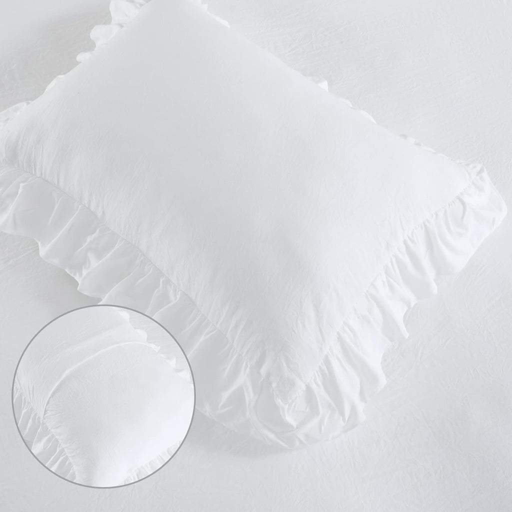 White Ruffle Duvet Cover Queen, 3PCS Soft Washed Microfiber Vintage French Country Duvet Cover Set for Queen Bed