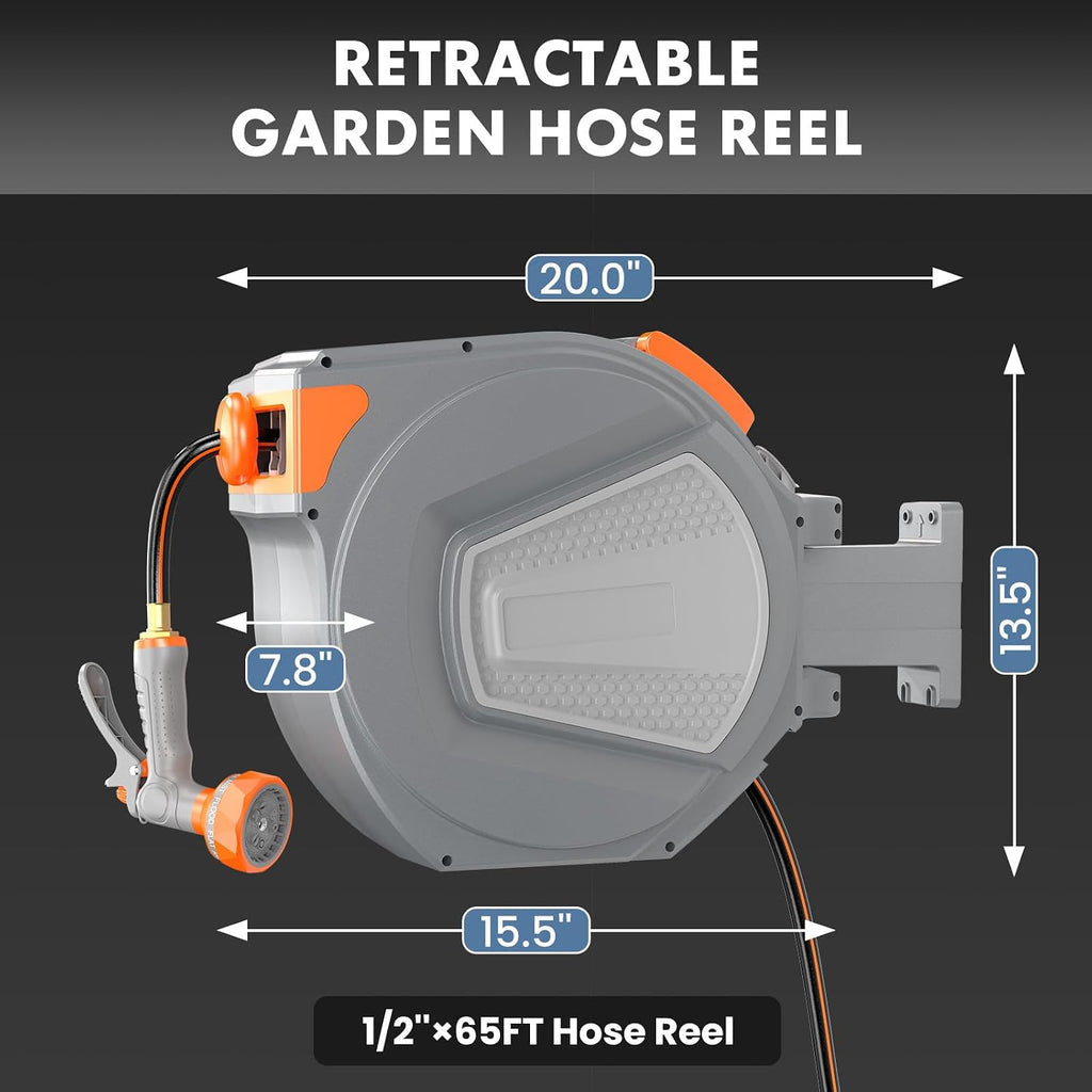 Retractable Garden Hose Reel, 1/2 in X 65 ft Water Hose with Nozzle | Automatic Heavy Duty Wall Mounted, 9 Pattern
