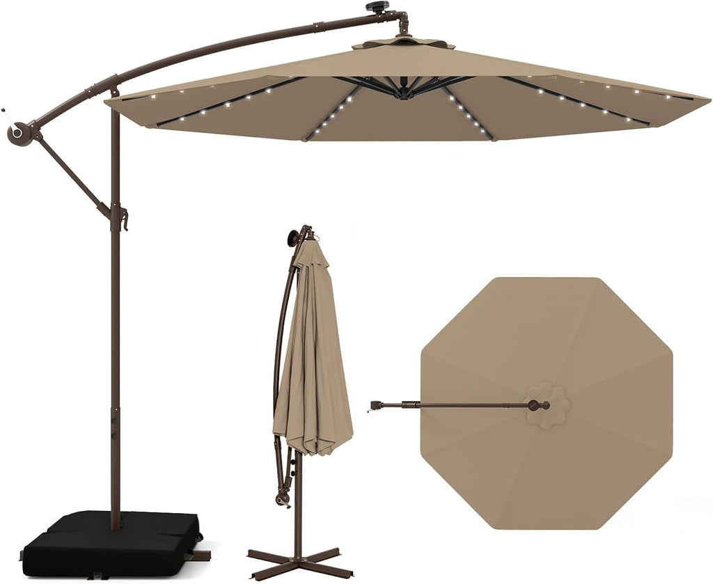 10FT Offset Patio Umbrella with Base Included, Outdoor Cantilever Umbrella with 40 Solar LED Lights, Tilt Adjustment