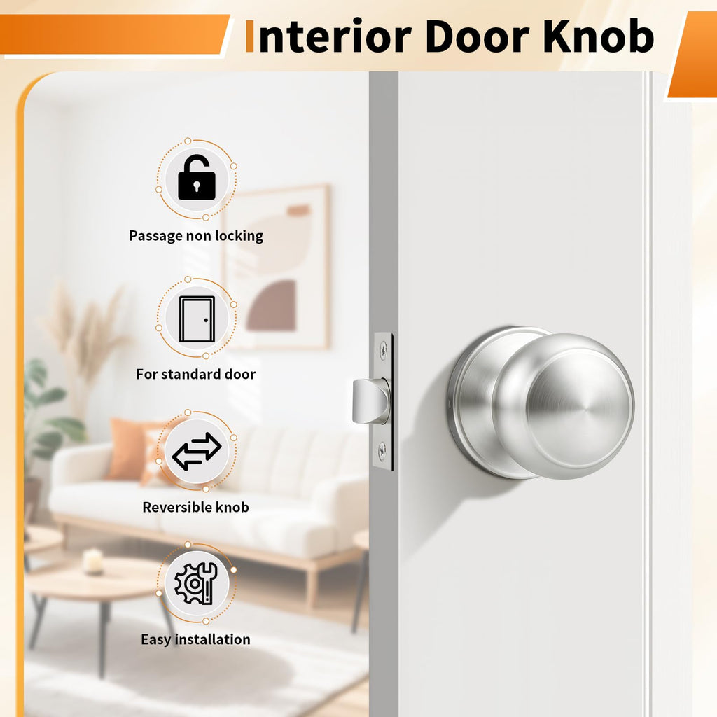 8 Pack Interior Door Knobs Passage Function, Brushed Nickel Finish Closet Door Handles Keyless Levers French Doors