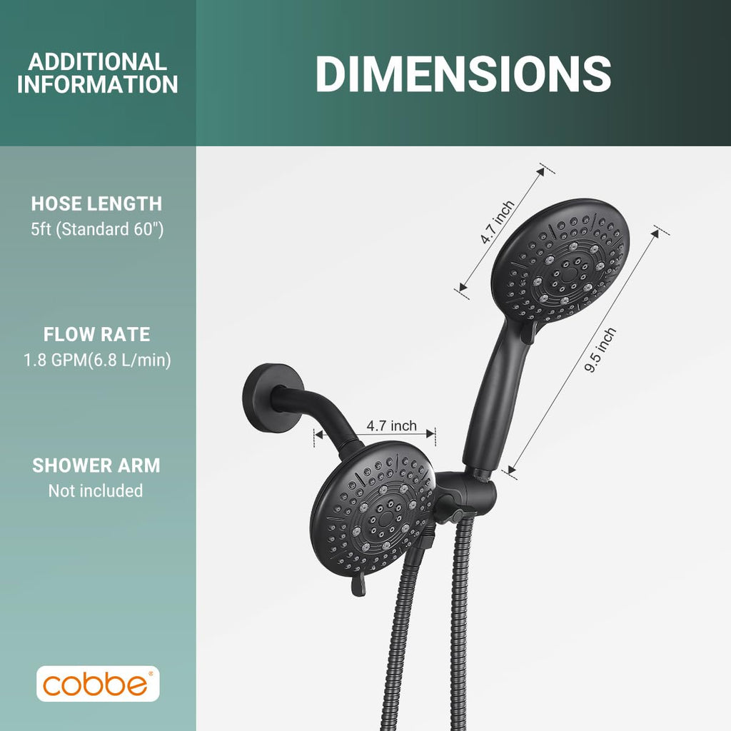 Dual Shower Head Combo, Handheld & Fixed, Matte Black