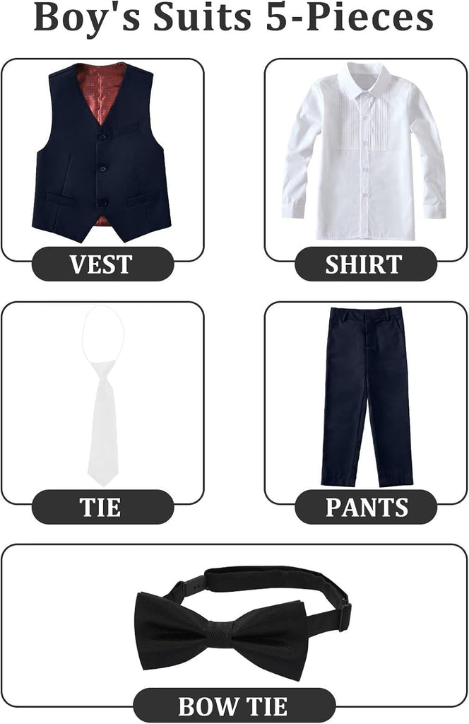 Boys Suit 5 PCS Slim Fit Prom Suits Formal Wedding Outfit Sets for Kids Boy