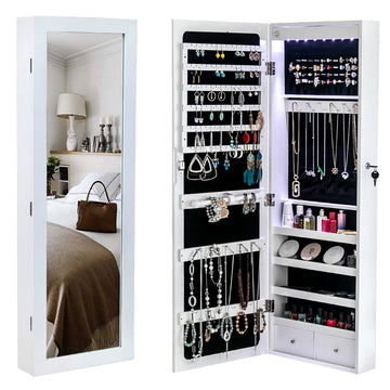Full Length Mirror Jewelry Cabinet - 4-Layer Shelf Wall Mounted Jewelry Organizer with 8 LED Lights - Jewelry Armoire