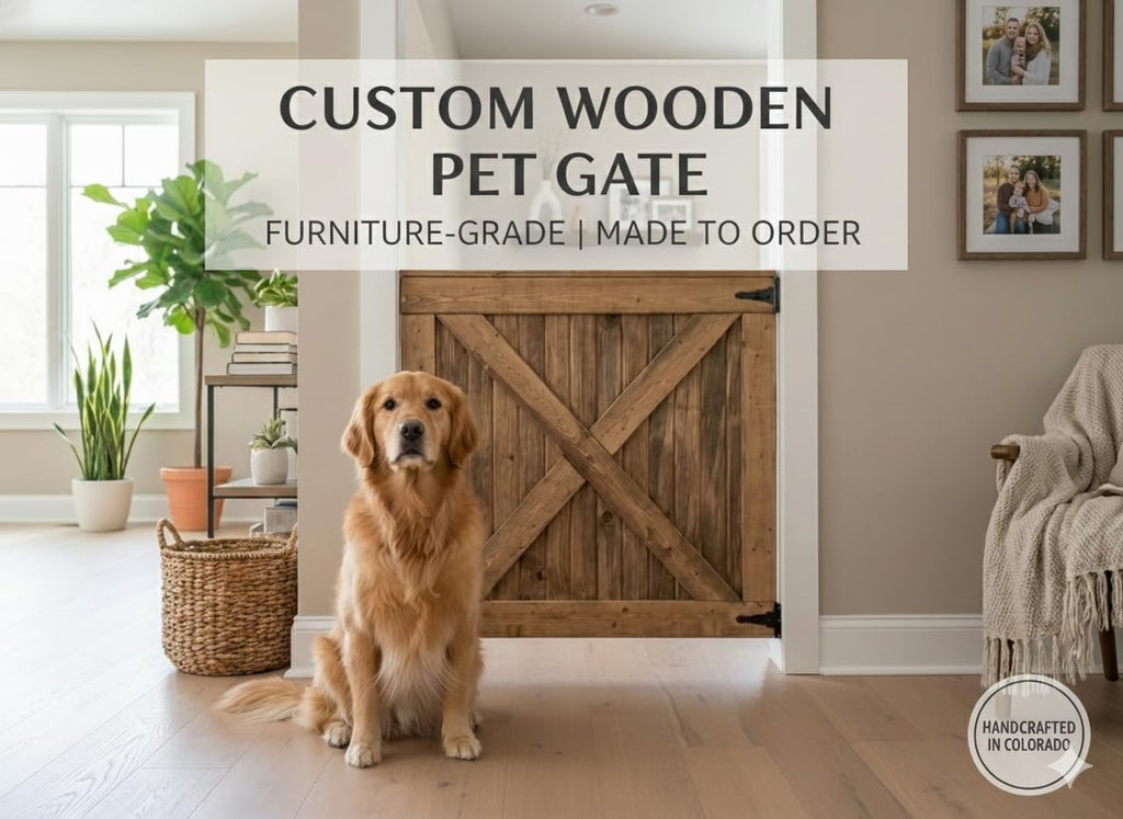 Dog Gate for Doorways & Stairs - Rustic Farmhouse Wooden Pet Gate, Handmade Half Barn Door Style, Custom Widths 24-48