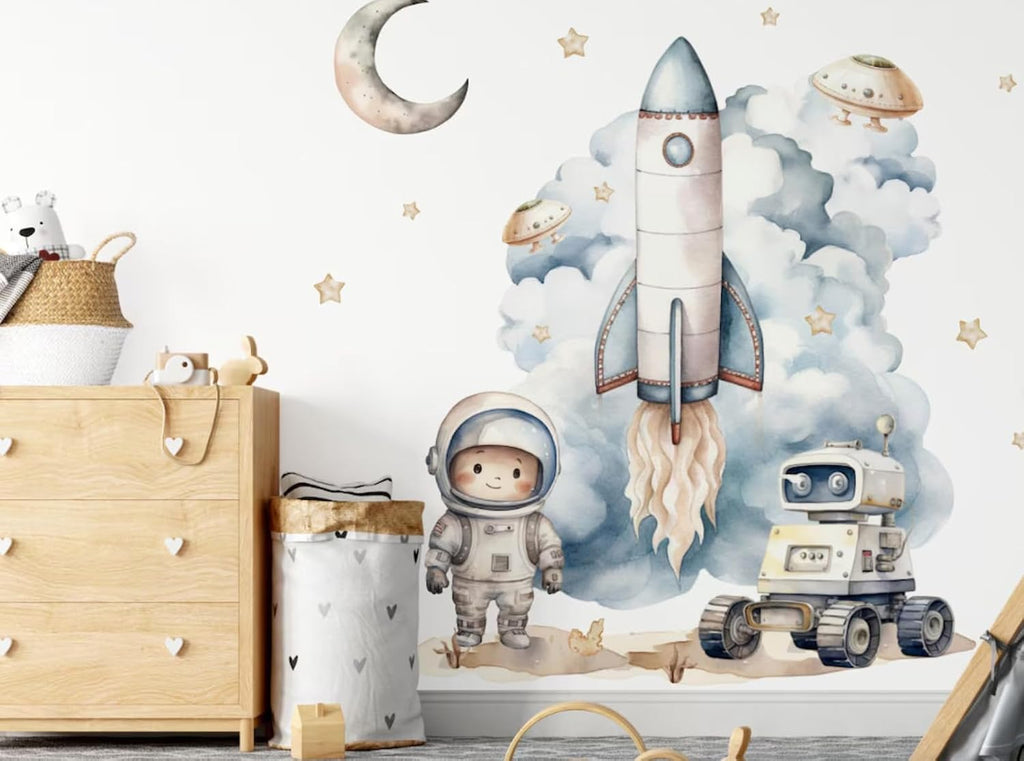 Space Wall Decal for Kids - Rocket Wall Decor for Boys Room - Astronaut Planets Wall Stickers - Space Ship Bedroom