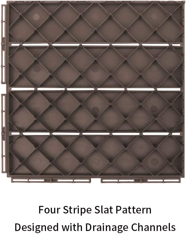 Patio Deck Tiles, 12 x 12 inches Composite Interlocking Decking Tile, Four Slat Plastic Outdoor Flooring, 9 Pieces One